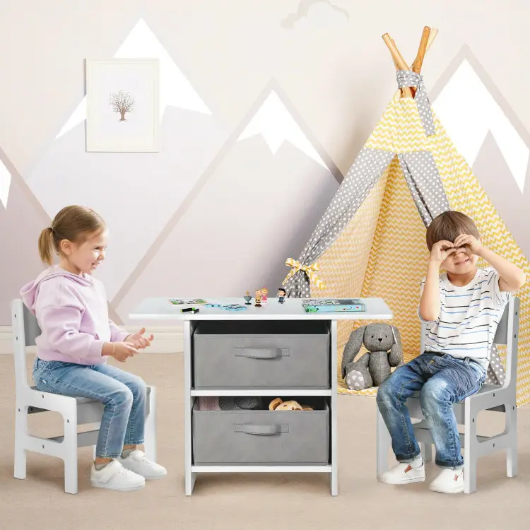 Mesa y sillas de madera con cestas de almacenamiento para niños, puzle de Material seguro y estructura de madera resistente, juego de muebles
