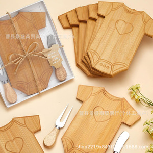 Bamboo Newborn <b>Onesie</b> Cheese Board With Knife And Fork Set For Party Serving - Product Image 2
