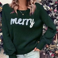 Pull de Noël personnalisé pour femme, rouge, imprimé lettres joyeuses, tricoté, ample, manches longues, pour les fêtes