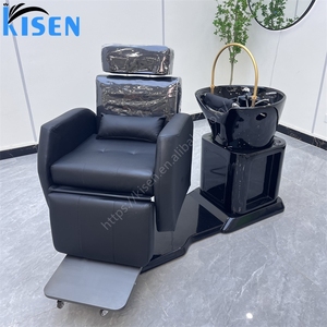 Station de lavage de cheveux KISEN, lavabo en céramique noire brillante intégré, fauteuil inclinable électrique, accoudoirs entièrement rembourrés, revêtement PU imperméable. - Product Image 4