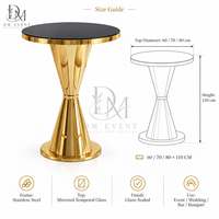 Table de cocktail en acier inoxydable DM EVENT avec cadre doré et plateau en verre trempé pour événements hôteliers