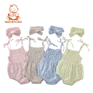 BEIBEIHAPPY Großhandel Sommer Neues Baby Mädchen Blumenschlinge Halter Baumwolle Rüschen Neugeborenes Baby Strampelanzug