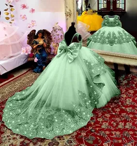 Vestido <span class=keywords><strong>de</strong></span> Gala <span class=keywords><strong>de</strong></span> Tul Verde <span class=keywords><strong>para</strong></span> Niña <span class=keywords><strong>de</strong></span> las Flores <span class=keywords><strong>para</strong></span> Boda <span class=keywords><strong>de</strong></span> Lujo con Apliques y Lazo, Esponjoso hasta el Suelo, Princesa <span class=keywords><strong>para</strong></span> <span class=keywords><strong>Niñas</strong></span>, <span class=keywords><strong>Primera</strong></span> Comunión - Product Image 1