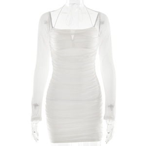 ชุดเดรสเข้ารูป คอเหลี่ยม แขนยาว ผ้าตาข่าย จับจีบ กระโปรงสั้น ทรงเข้ารูป โปร่งแสง ชุดราตรี - Product Image 5