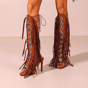 <span class=keywords><strong>Botas</strong></span> occidentales Zapatos de <span class=keywords><strong>mujer</strong></span> Fábrica fabricante personalizado Venta al por mayor Rhinestone Estilo rural Hasta la rodilla Bota con flecos de vaquero - Product Image 6