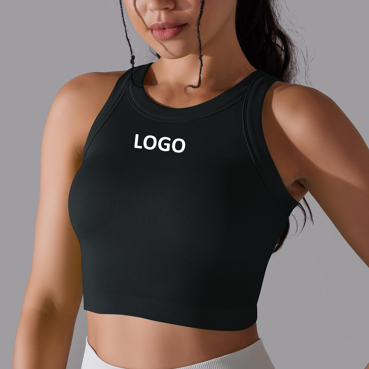 Custom Logo Fitness Sports Bra Women's Sexy Sleeveless Racer Back Halter Neck Bodysuit Gym Seamlessly Yoga Tank Tops