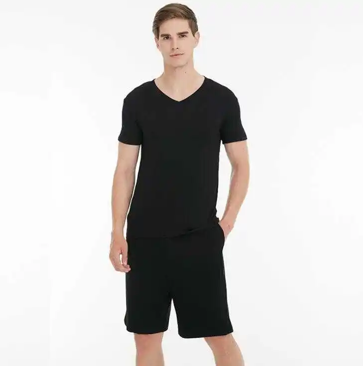Summer men's pajamas modal V-neck short-sleeved shorts casual home suit solid color can be worn outside Solid color