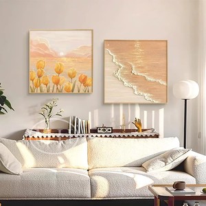 Cuadro en lienzo con marco, decoración minimalista de paisaje marino con tulipanes para sala de estar o restaurante - Product Image 1