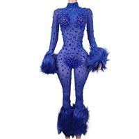 Sexy Rhinestone Plumes Bodycon Barboteuses Plus Size Singer Dancer Bodys Stripper Festival Vêtements Femmes Club Party Jumpsuits