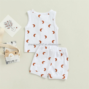 Unisex Custom Two-Piece Set for <strong>Newborn</strong> Babies Moon Printing <strong>Vest</strong> and Shorts Summer Cotton Outfits for Boys and Girls - Product Image 2