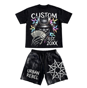 Ensemble T-shirt et short unisexe pour homme, délavé, avec strass et motifs graphiques thermocollés, coupe ample et décontractée - Product Image 3