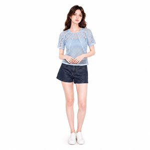 Elegante top in maglia traforata di <span class=keywords><strong>pizzo</strong></span> <span class=keywords><strong>blu</strong></span> da donna, a maniche corte, girocollo, vestibilità slim, stile coreano, camicetta estiva da pendolare - Product Image 6
