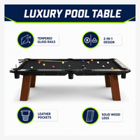 Table de billard convertible 2-en-1 avec plateau de tennis de table, rails en verre trempé, poches en cuir, pieds en bois massif, table de billard de luxe pour la maison et la villa