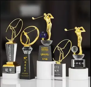 Guangzhou, venta al por mayor, nuevo diseño, copa de trofeos de golf de metal tallado en blanco, trofeo de golf de lujo de cristal K9 personalizado para premios