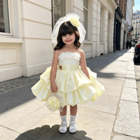 Jupe bouffante en satin à volants en tulle pour filles avec boucle dorée à la taille et bandeau fleuri assorti – Costume de princesse pour fête d'anniversaire