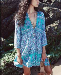 Mini <span class=keywords><strong>vestido</strong></span> bohemio con estampado floral <span class=keywords><strong>azul</strong></span>, cuello en V, manga 3/4, vestidos <span class=keywords><strong>para</strong></span> mujer, nueva temporada, estilo holgado de verano, vestidos de <span class=keywords><strong>playa</strong></span> bohemios EBAH002 - Product Image 1