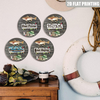Letrero Metálico Redondo Vintage con Diseño de Pesca, Decoración de Pared con Gráficos de Cañas de Pescar y Aparejos para Cabaña, Lago o Garaje