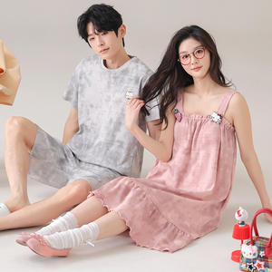 Pijamas de Pareja de Verano, Camisón de <span class=keywords><strong>Tirantes</strong></span> de Algodón Puro, Lindo para Mujer, Talla Grande, Traje de Casa de Manga Corta para <span class=keywords><strong>Hombre</strong></span>, Primavera y Otoño - Product Image 2