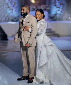 <span class=keywords><strong>Aso</strong></span> Ebi Sirena Vestidos de novia con tren desmontable O Cuello Manga larga Barrido Apliques de encaje Lentejuelas Vestidos de novia civiles - Product Image 1