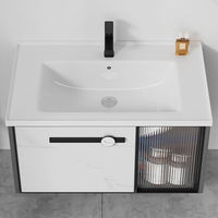 Meuble-lavabo mural moderne gris et blanc avec tiroir, armoire en verre cannelé, miroir intelligent LED et vasque en céramique intégrée