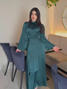 Wholesale Elegant Princess Style Solid Satin Dress From Turkey Sharut ODM Supply XXL Size Long Flare Sleeve for Eid Party - Product Image 5