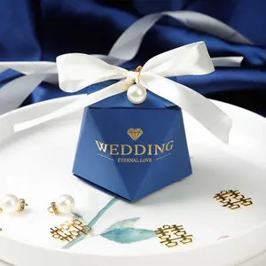 Türük tedarikçiler çin katlanır ucuz boş düğün hediyelik eşya şekeri dia mond şekil lacivert mavi şeker tatlılar kağıt kutuları toptan