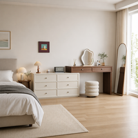 Coiffeuse avec commode de rangement, ensemble de table de maquillage à 6 tiroirs avec miroir LED et tabouret bouclé pour chambre à coucher