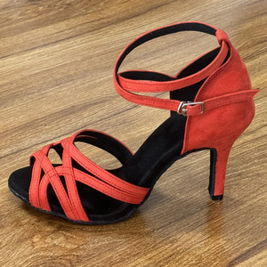 LUOQIAO S041 2026 Zapatos de Baile Latino Profesionales Rojos de Gamuza con Suela Suave para Mujer, <span class=keywords><strong>Cha</strong></span> <span class=keywords><strong>Cha</strong></span>/Salsa/Bachata, 8.5cm - Product Image 3