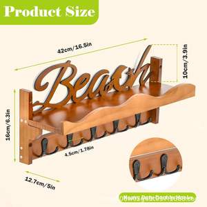 ราวแขวนเสื้อผ้าติดผนังไม้พร้อมตะขอและชั้นวางของสำหรับทางเข้าห้องนั่งเล่นห้องนอนที่จัดเก็บของได้ ทนทาน สีเรโทร - Product Image 4