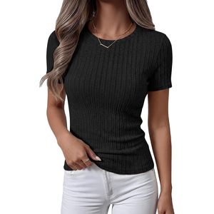 Womens Ribbed Knit <b>Top</b> Short Sleeve Crewneck Slim Fit Lightweight Summer Casual Sweater Shirt - Product Image 1