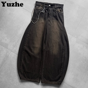 جينز رجالي من الدنيم بتصميم فضفاض وخصر متوسط وساق واسعة مع غسيل حمضي على طراز الهيب هوب من الشركة المصنعة الأصلية - Product Image 1