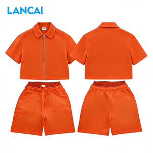 Lancai Manufacturer Custom Short Sleeve Zip Cotton Shirt <b>Men</b> Blank Cotton <b>Jacket</b> Elastic Waist Acid Wash Shorts 2 <b>Summer</b> Hip Hop - Product Image 3