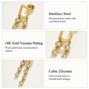 ต่างหูแบบห้อยทรงหยดน้ำ รุ่น Gold D ทำจากสแตนเลสสตีล ชุบทอง 14K ด้วยวิธี Vacuum Plating ประดับด้วยเพชรทรงเหลี่ยมแบบ Cubic Zirconia ดีไซน์ไม่สมมาตร - Product Image 3