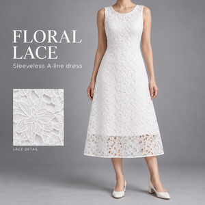 Vestido Midi de Encaje Floral Blanco para Mujer, Sin Mangas, Cuello Redondo, Línea A, Elegante, para Fiesta de Verano, Despedida de Soltera, Venta al Por Mayor Personalizada - Product Image 1