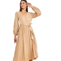 Robe midi élégante en satin à manches longues et col en V fendu pour femme – Idéale pour les soirées, banquets et occasions décontractées