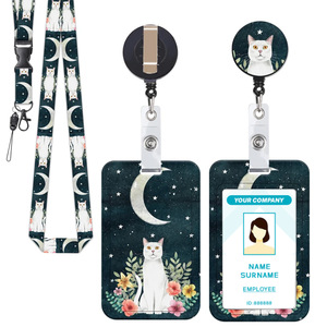 Wholesale black and white cat-patterned lanyard with polyester detachable ID badge <b>clip</b>, retractable epoxy easy-pull <b>buckle</b>. - Product Image 1