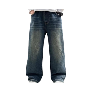 Pantalon en jean décontracté d'automne pour adolescents, coupe droite ample, taille mi-haute, jambe <span class=keywords><strong>large</strong></span>, poches élastiques, tricoté, délavé, séchage rapide, molletonné - Product Image 1