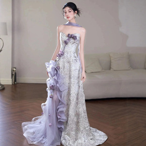 Elegante Vestaglia <span class=keywords><strong>da</strong></span> Sposa Viola, Abito <span class=keywords><strong>da</strong></span> <span class=keywords><strong>Cerimonia</strong></span> per Donne, Bellissimo Abito <span class=keywords><strong>da</strong></span> Sera, Stile Dolce con Fiori Fatti a Mano - Product Image 4