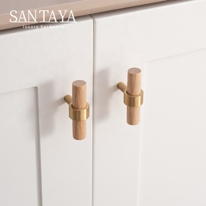 Tay nắm cửa bằng đồng thau, núm gỗ nguyên khối, tay nắm chữ T, tay nắm tủ bếp bằng gỗ, màu gỗ óc chó đen Bắc Mỹ Santaya - Product Image 4