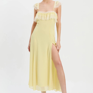 Vestido Midi Asimétrico con Encaje, Transpirable, Lavable, Antiestático, en Amarillo Canario - Product Image 1