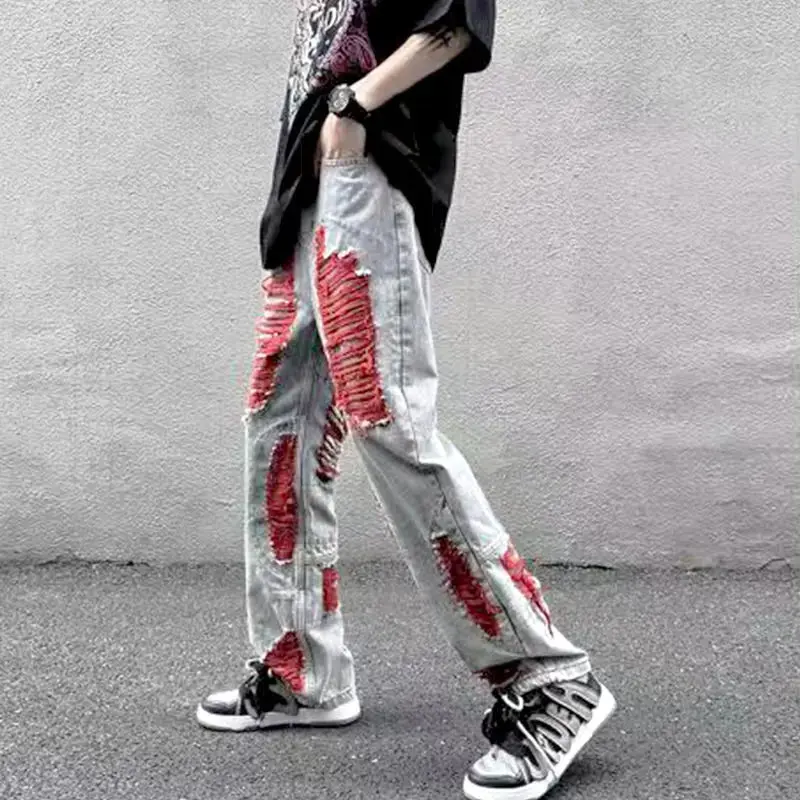 High Street Ripped Y2k Mens Pants Goth Vintage Grunge Raw Edge Beggar Jeans Hip Hop Clashing Colors Fashion Casual Male Pants