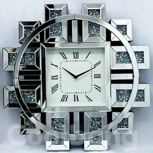 Popular hot sales China supply crushed diamond sparkly silver mirror round wall clock