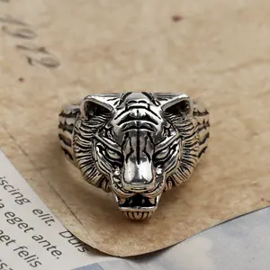 Cincin Vintage kepala harimau pria dan wanita, cincin desain hewan 925 pribadi pria dan wanita