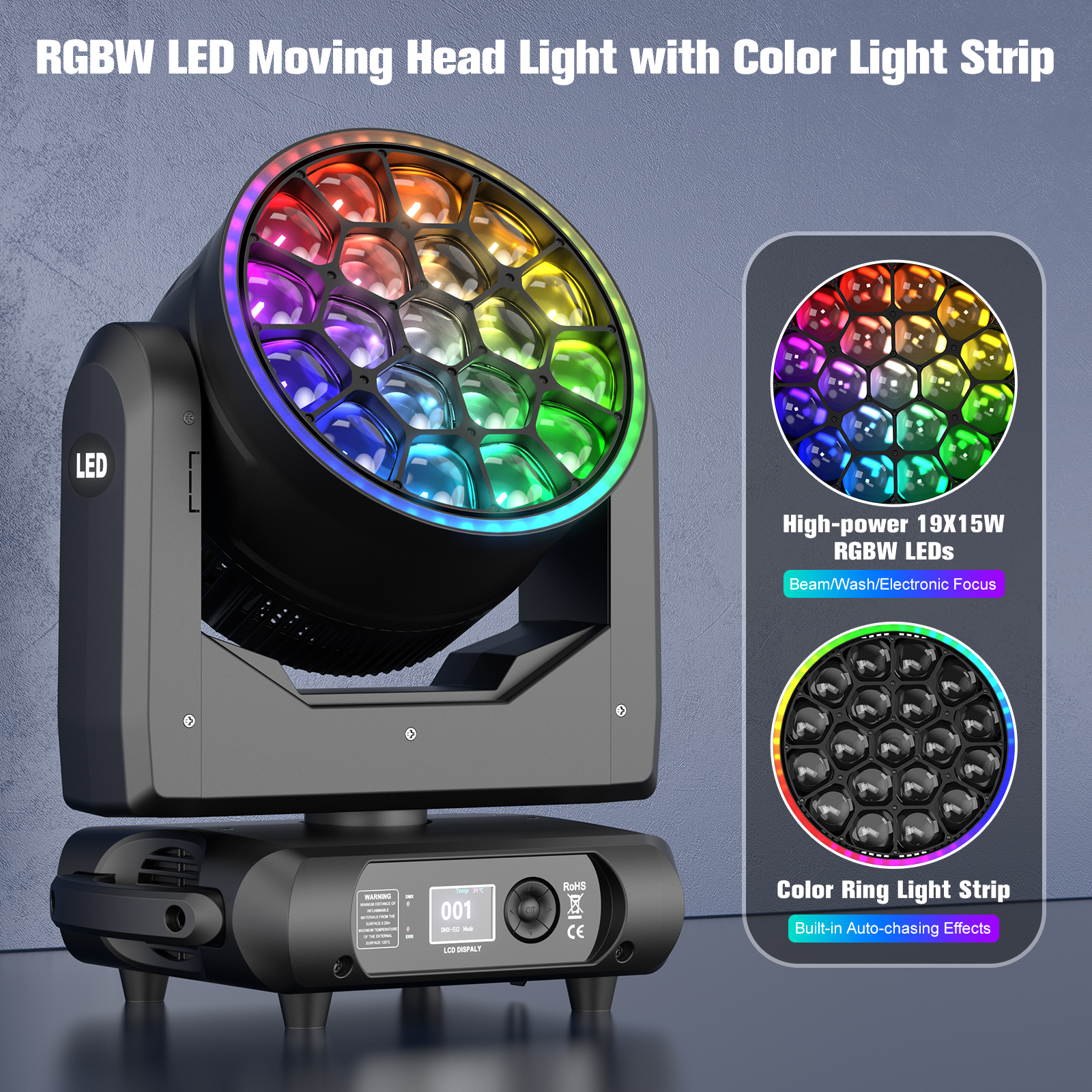 U`king 19x15w LED Wash Bee Eye Moving Head Light RGBW Beam Zoom