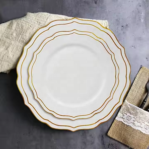 Juego de platos de porcelana de hueso de boda con borde dorado hecho a mano, juego de vajilla blanca, platos de cerámica de forma irregular para eventos, festivales y alquiler - Product Image 6