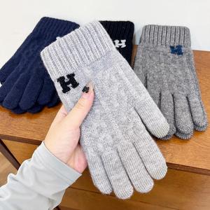 Men's Thermal Gloves Cold Protection Thick Wool Outdoor Riding Touch Screen Five <b>Finger</b> Simple All-Match - Product Image 1