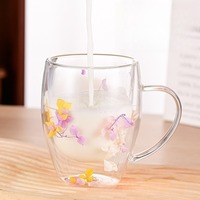 Tasse en verre borosilicate à double paroi avec poignée 200ml 350ml, Mug en verre pour fleurs séchées, pour café, lait, eau, jus, Vente en gros