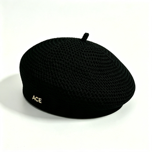 Women Solid Black Crochet Knit <b>Beret</b> Beanie Hat with Metal ACE Logo Soft Stretch Fashion for Autumn Winter Wholesale - Product Image 6