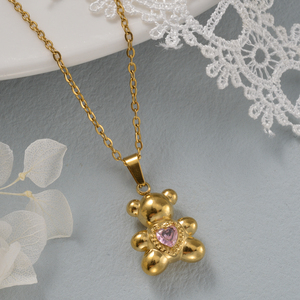 Collier fin à maillons en O en acier inoxydable 316L plaqué or 18 carats avec breloque en cristal rose en forme de cœur personnalisable et scintillante, motif ours en peluche - Product Image 2