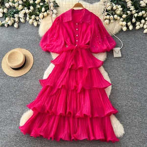 Abito Elegante da Donna, Stile Francese Casual, con Cristalli e Balze a Strati, Orlo Arricciato, Vestito a Pieghe a Trapezio, Produttori di <span class=keywords><strong>Abbigliamento</strong></span> Plissettato - Product Image 2